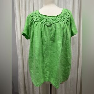 Woman Within Green Short Sleeve Crocheted V Neck EUC 14/16